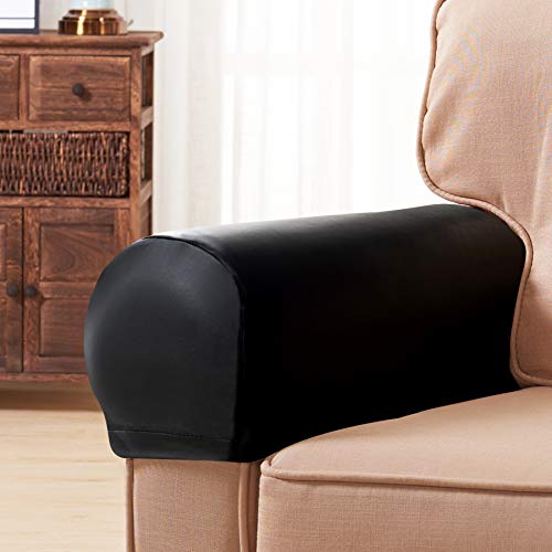subrtex Chair Arm Covers Armrest Slip Covers for Recliner and Wingback Chair Sofa Slipcover Spandex Stretch PU Faux Waterproof Armrest Covers, Black Leather, Two Pieces