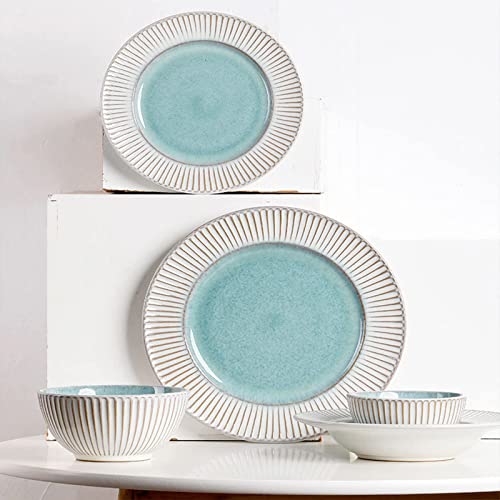 Matservis – 12 delars porslin i stengods för 6 personer, fatset, kombinationsset för serviser, tallrikar för middagssallad, skålar – unik presentidé, vit/mint