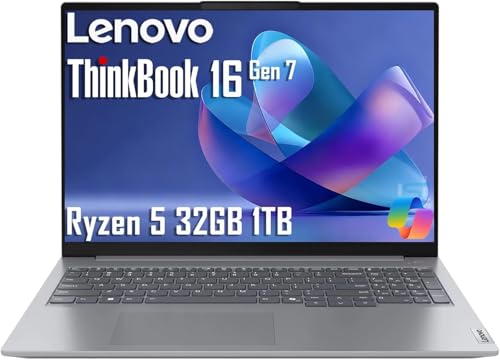 Image of Lenovo ThinkBook 16 Gen 7 Business Laptop (16 inch FHD+ Anti-Glare, AMD Ryzen 5 7533HS (> i7-1255U), 32GB DDR5 RAM, 1TB SSD), Fingerprint Reader, Webcam, Wi-Fi 6, Ethernet, HDMI, Win 11 Pro w / Copilot