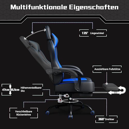 Yaheetech Gaming Stuhl, Ergonomischer Gaming-Stuhl mit Massagefunktion & Ausziehbarer Fußstütze, Verstellbare Rückenlehne, Höhenverstellbar, PC-Stuhl Computerstuhl Drehsessel (Schwarz & Blau)