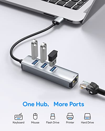 USB 3.0 to Ethernet Adapter,ABLEWE 3-Port USB 3.0 Hub with RJ45 10/100/1000 Gigabit Ethernet Adapter Support Windows 10,8.1,Mac OS, Surface