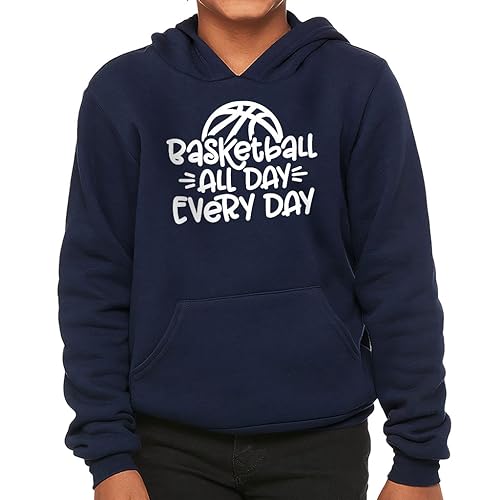 Basketball All Day Every Day Kids' Hoodie - Basketball Enthusiast Apparel - Gifts for Basketball Boy - Navy, S