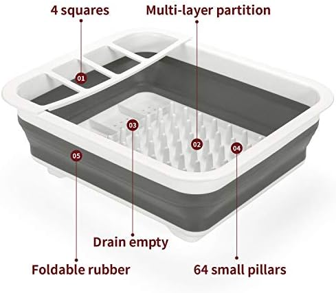 Vinsani Dish Drainer Collapsible Portable Folding Cutlery Plate Holder Drying Kitchen Non-Scratch Space Saver Draining Sink Rack Ideal for Home, Camping and Travelling - White & Grey