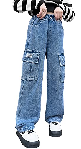 Pantalon jambes larges fille Happy Cherry en jeans denim décontracté