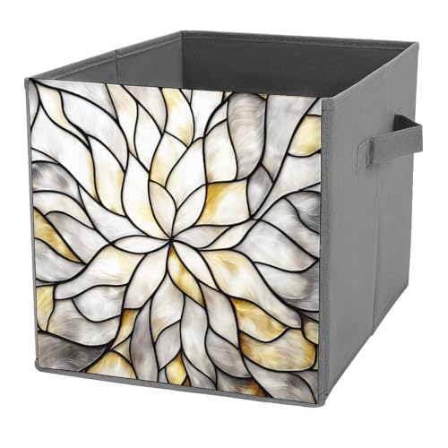 Jubonexis Cubos de almacenamiento plegables de tela decorativa con diseño de flores blancas y espirales plateadas, organizadores para el hogar con asas para estantes, armario, 27 x 27 cm