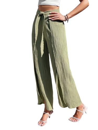 WDIRARA Women's Split Thigh High Waisted Wide Leg Palazzo Casual Loose Long Pants3