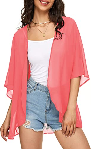 Image of Indian Trendy Women's Solid Puff Sleeve Kimono Cardigan Loose Cover Up Casual Blouse Top Chiffon