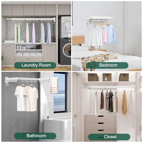Kelisiting Wall Mounted Clothes Drying Rack, Laundry Drying Rack Wall Mount, 3-Fold Drying Rack Clothing, Foldable Clothes Drying Rack with 12 Dual Hooks Organization for Laundry Room Indoor - White - Image 3
