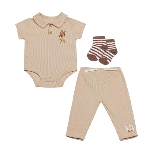 Image of Disney Baby Boys 3-Piece Rib Pant Set – Polo Bodysuit, Jogger Pants & Socks – Mickey, Winnie the Pooh & Dumbo – Sizes (0-9M)