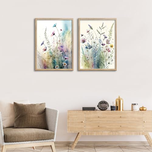 Image of Framed Colorful Flowers Bathroom Wall Art Decor, Blue Floral Picture Canvas Print White Daisy Painting Artwork for Bedroom Office Decoration 12 inchx16 inchx2 Panels