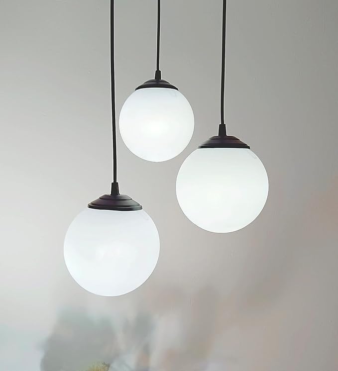 ADWAIT Modern Globe Pendant Lights, Set of 3, White Glass Shades, Black Metal Finish-image-21
