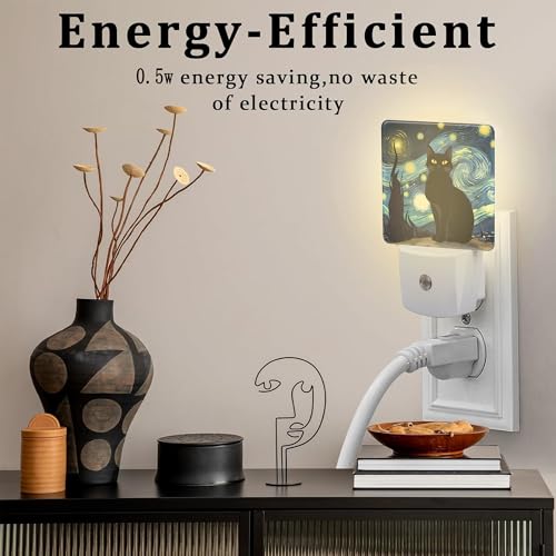 Image of Starry Night Black Cat Night Light Plug into Wall, Abstract Oil Painting Dusk to Dawn Night Light Plug in,0.5w Energy Saving Sleep Friendly NightLight for Kids Boys Girls Home Decor