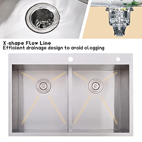 33 Inch Drop In Double Bowl Kitchen Sink-Bokaiya 33X22 Stainless Steel Drop In Kitchen Sink Double Bowl Topmount 16 Gauge Deep 50/50 Low-Divide Double Bowl Kitchen Sink #TOP5