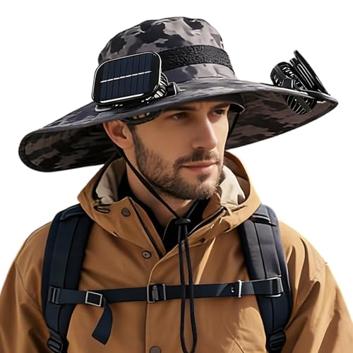 Image of Solar Powered Fan Sun Hat for Men, UPF 50+ Wide Brim Cooling Bucket Hat, Sombrero para El Sol Hombre for Fishing Hiking Beach