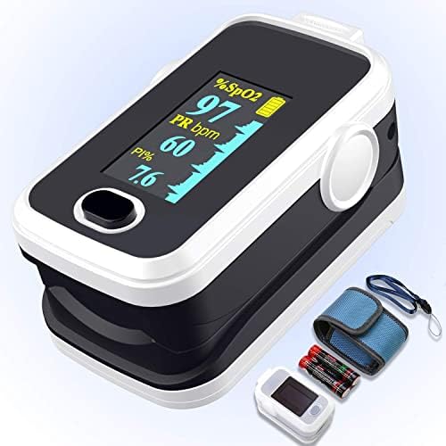 Pulse oximeter fingertip with Plethysmograph and Perfusion Index, Portable Blood Oxygen Saturation Monitor for Heart Rate and SpO2 Level, O2 Monitor Finger for Oxygen,Pulse Ox,Oximetro, (Black-White)