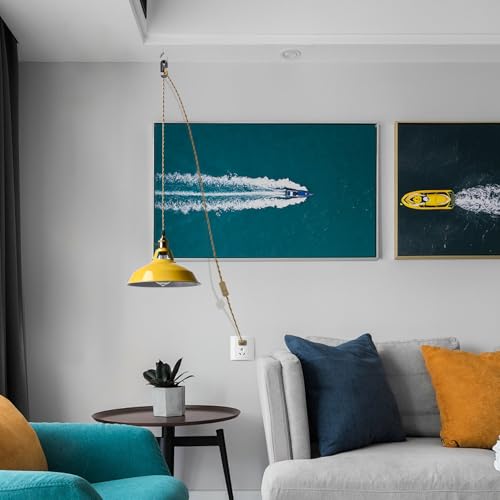 Image of YUBOLE Nordic Plug in Hanging Pendant Light with Yellow Metal Barn Shade
