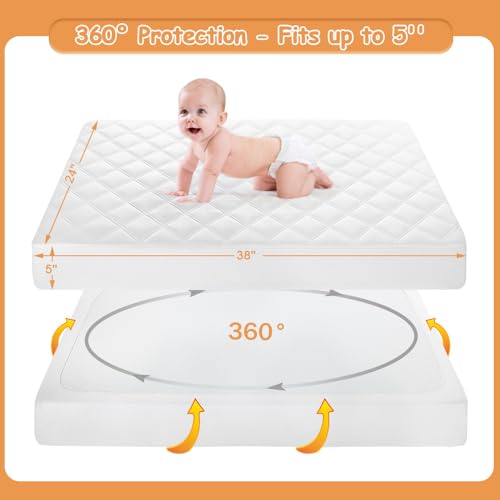 Image of Yoofoss Waterproof Mini Crib Mattress Protector 2 Pack, Quilted Mattress Pad Cover Soft and Breathable, Machine Washable Portable Mattress Protector for Standard Baby Crib Size 38 inchX24 inch