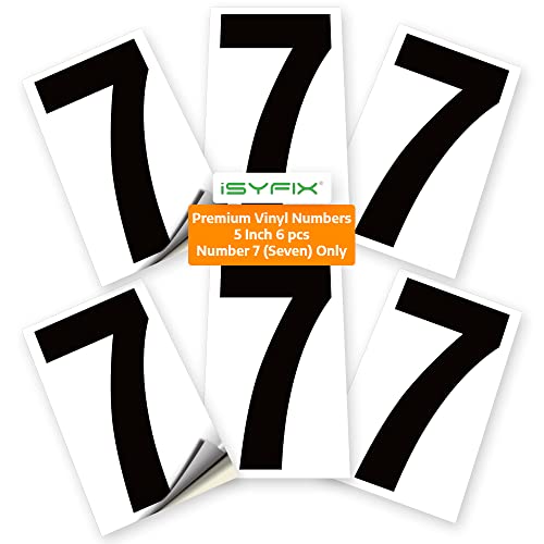 iSYFIX Black Vinyl Number 7 (Seven) Stickers - 6 Pack 5 inch - Premium Decal, White Background, Pre-Spaced for Mailbox, Signs, Window, Door, Cars, Trucks, Home, Business, Address, Indoor & Outdoor