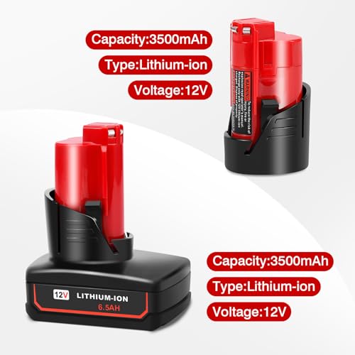 2 Packs 6.5Ah and 3.5Ah Replacement Battery for Milwaukee M12 Battery 12V Lithium-ion Batteries Compatible with Milwaukee XC 48-11-2440 48-11-2402 48-11-2460 Cordless Power Tools