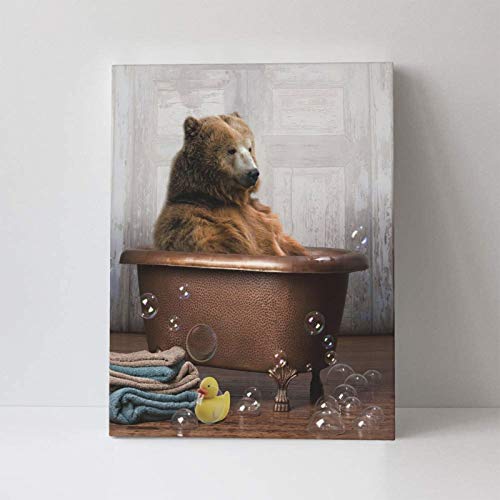 Bear Canvas Wall Art Animal Pink Blue Bubble Bathtub Wall Decor Black And White Pictures Giclee Print Modern Artwork For Living Room Bedroom Bathroom Framed Ready To Hang 12X16 Inch #TOP4