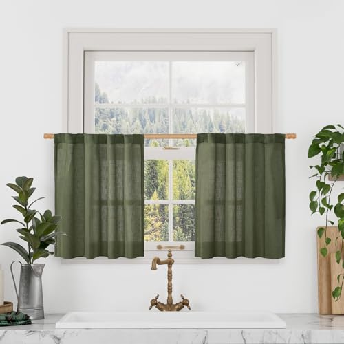 LAMIT Kitchen Semi Sheer Linen Curtains 24 Inch Long, Light Filtering Panels Back Tab and Rod Pocket Neutral Drapes for Cafe/Bathroom/Small Window, Olive Green, 2 Panels, 34 x 24 Inch