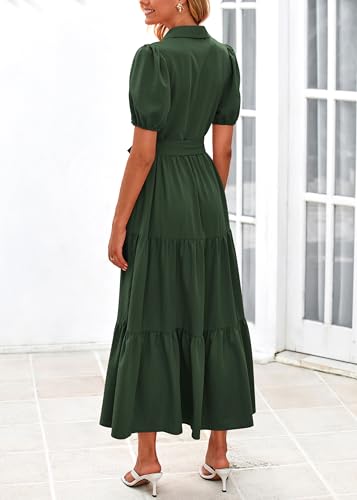 MASCOMODA Womens Summer Dresses 2025 Short Sleeve Maxi Dress Casual V Neck Button Down Tiered A Line Flowy Midi Shirt Dress3