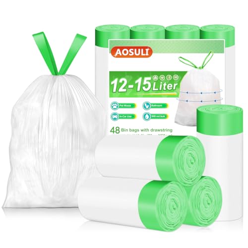AOSULI 12L-15Liter Bin Bags Drawstring Bin Liners with Tie Handle Small White Trash Bags 48 Liners