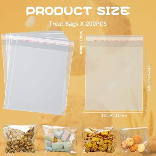Cidenbio 200 Pcs Thickened Cookie Bags with Seal 5x7 In, Clear Cellophane Treat Bags Self Sealing 3.1 Mils Resealable Plastic Bag for Cookies, Candy, Bread, Party Favors, Bakery, Gift Packaging