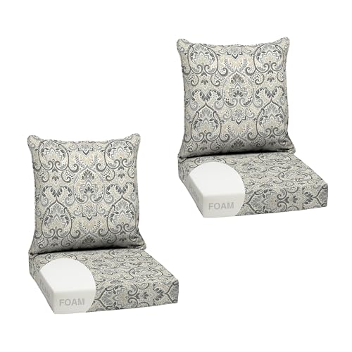 Image of Arden Outdoor Foam Deep Seat Cushion Set, 2-Pack, 24x24, Premium High-Density Foam, Never Flattens, Weather-Proof for Patio Chair Sofa Couch, Neutral Aurora Damask