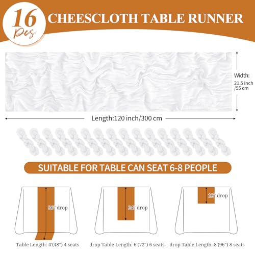 16 Pack 10Ft Cheesecloth Table Runner White, 20 x 120 Inch Rustic Gauze Boho Cheese Cloth Table Runners Wedding Long Table Runner for Wedding Party Bridal Shower Table Decoration by Tomeurperf - Image 2