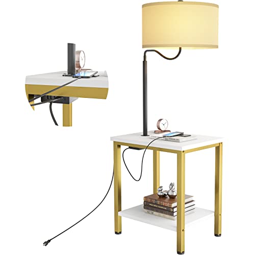 LityMax LED Floor Lamp with Table - End Table with Power Outlet and USB Charging Port, Bedside Nightstand Shelves, Side Table with Reading Standing Light for Living Room, Bedroom, Bulb Included, White
