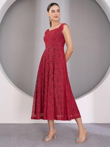 Image of Miss Chase Women's Round Neck Sleeveless Floral Ruffled GatheKnee-Long Skater Dress