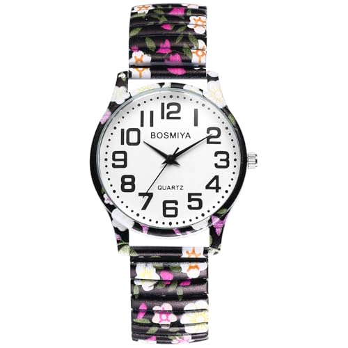 OIDEA Women's Stretch Band Quartz Watch Easy Reader Dial, Black Pink Strap