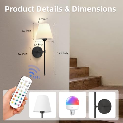 Image of Battery Operated Wall Sconce Set of 2, Black Rechargeable Wall Sconces Set of Two with Remote Control,Dimmable Wall Lamp with Detachable Bulbs,15 Colors Wall Light for Bedroom Living Room Hallway