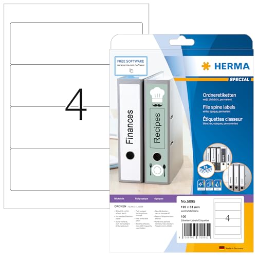 HERMA 5095 Ordnerrücken Etiketten kurz breit, 25 Blatt, 192 x 61 mm, 4 pro A4 Bogen, 100 Stück, selbstklebend, bedruckbar, blickdicht, blanko Papier Ordneretiketten Rückenschilder Aufkleber, weiß