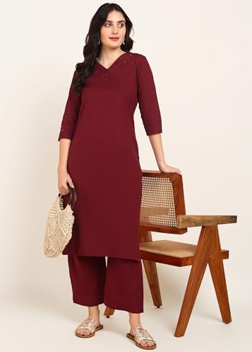 Image of BLOCKS OF INDIA Women's Solid Straight Kurta Set | Hand-Stitched Neck Details with Pintucks | Comfortable Pants with Pockets, Elastic Waist & Drawstring Fit