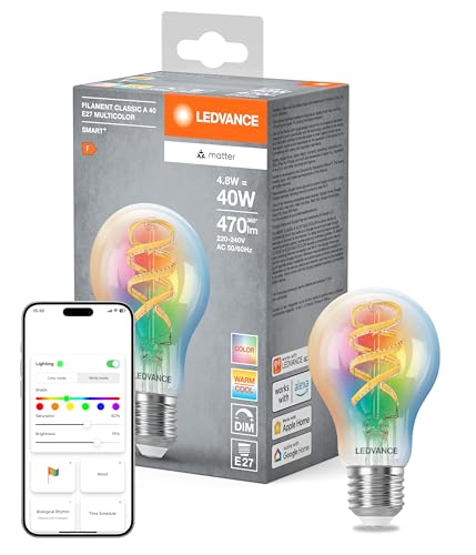 LEDVANCE Lampada LED SMART+ MATTER, vetro chiaro a filamento, 4,8W, 470lm, goccia E27, luce colorata e bianca, compatibile con Google, Alexa, Apple, app o controllo vocale, durata fino a 15.000 ore