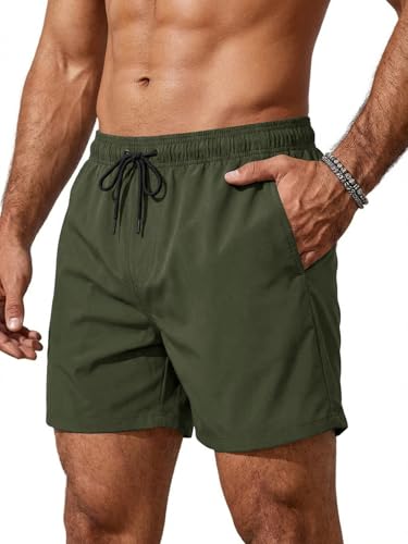 Runcati Badehose Herren Schnelltrocknend Badeshorts Männer Einfarbig Strand Schwimmhose Elastische Taille Sport Trainingsshorts mit Mesh-Futter und Reißverschlusstasche Armeegrün M