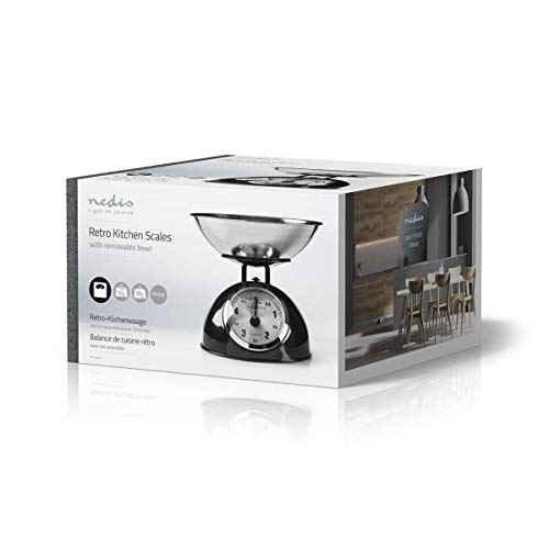 Nedis KASC110BK Küchenwaage - Analog – Retro Design – 5 kg Tragkraft – Schwarze Metallwaage mit Edelstahlschale