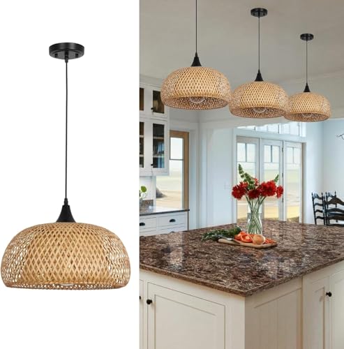 Image of Bamboo Chandelier Boho Rattan Pendant Lighting 18inche round Light Fixtures Bohemian Hand-Woven Hanging Ceiling Lights for Kitchen Island Dining Living Room Restaurants Bedroom Cafe (Bulb not include)