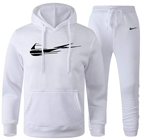Tracksuit for men warm hooded jogging track suits brand printed 2 pieces man sweatsuit set (White, USA Large, Asia-XXX-Large)