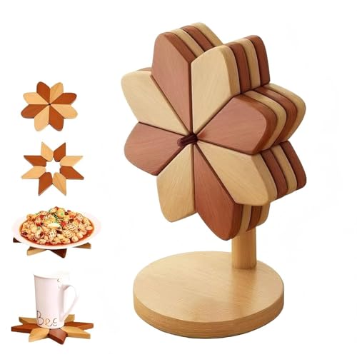 ZHMUZ Dessous de Plat Décoratifs Isolés en Forme de Moulin à Vent, Dessous de Plat en Bois pour Plats Chauds, Dessous de Plat Naturel Double Forme，Couleur Marron/Beige，4 Dessous de Plat en Bois