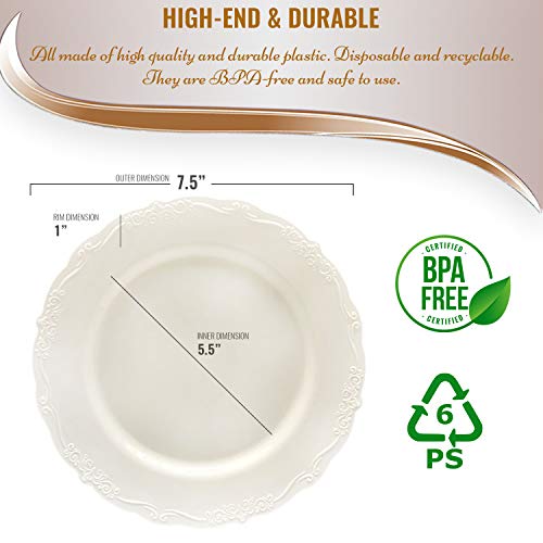Elegant Disposable Plastic Dessert Plates 120 Pcs - 7.5" Heavy Duty Fancy Ivory Vintage Appetizer Plates - Salad Cake Plates Bulk Catering Party Supplies For Wedding, Birthday Parties & All Occasions #TOP3