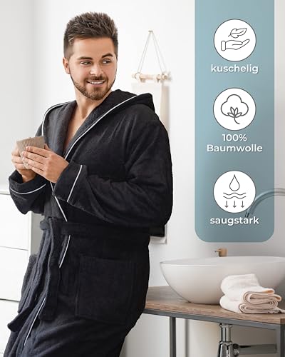 LAYNENBURG Bademantel Herren Frottee - Kapuze - Lang - 100% Baumwolle (360g/m2) - OEKO TEX Standard 100 - Größe (XXXL, Schwarz)
