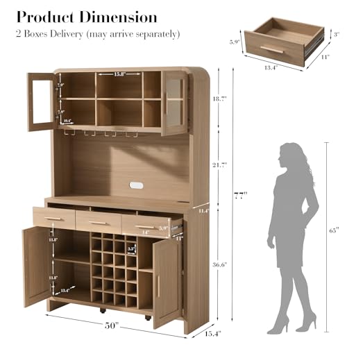 Image of 77 inch Tall Pantry Cabinet & Coffee Bar Cabinet with Storage,Natural Oak | Wine Cabinet for Dining Room Home with LED Lighting & Charging Station, Bar Cabinets for Kitchen,Dining Room, Living Room