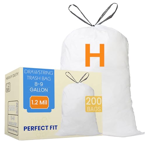 Image of Code H (200 Count) 8-9 Gallon Heavy Duty Drawstring Trash Bags Compatible with simplehuman Code H Garbage Can Liners 8-9 Gallon /30-35 Liter | 1.2 Mil | White