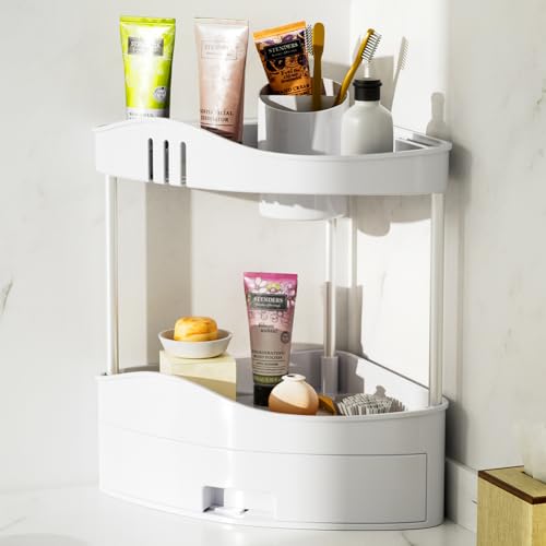 BAKAJI Mensola Angolare Bagno con cassetto, Organizer Multiripiano in Plastica dura, Unità di Mensole ad Angolo Portaoggetti, Scaffale Organizer Minimal per Bagno, Cucina, Ufficio, Casa (2 Ripiani)