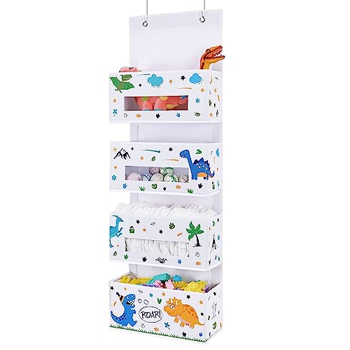 Image of WERNNSAI Dinosaur Over Door Hanging Organizer - Behind Door Storage with 4 Clear Window Pockets for Baby Boys Room Organization Toy Diaper Closet Pantry Bedroom Bathroom Nursery Decor