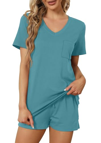 Image of RUBZOOF Women's Short Sleeve Pajama Sets with Pockets Casual V Neck 2 Piece Lounge Sets S-3XL