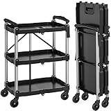 YITAHOME 240LBS Folding Utility Cart with Wheels, Foldable Utility Service Cart 3 Tier Collapsible Rolling Cart with 360°Swivel Wheels (2 with Brakes), Portable Cart for Home Garage Restaurant Office